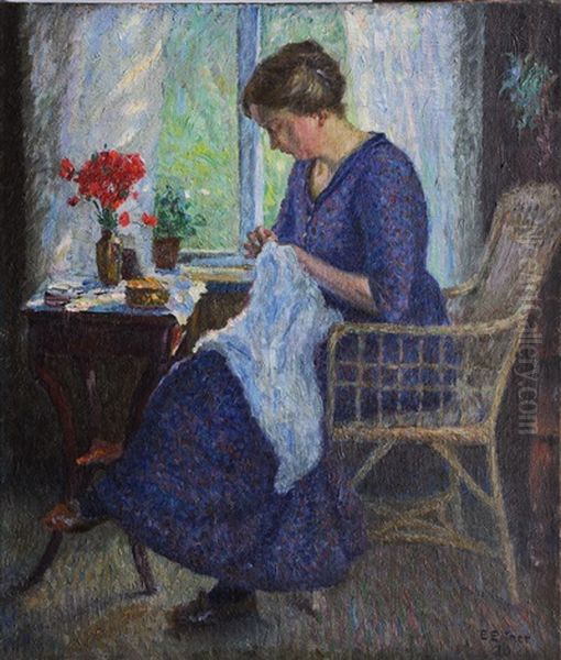 Doing Handwork Oil Painting by Ernst (Wilhelm Heinrich E. ) Eitner