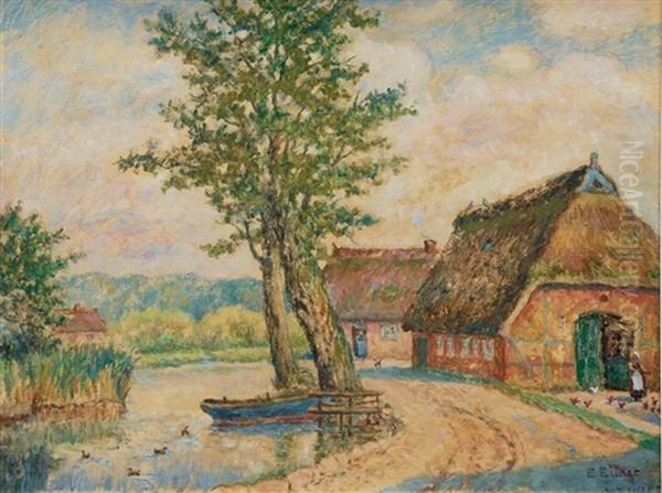 Idyllic Barnyard Oil Painting by Ernst (Wilhelm Heinrich E. ) Eitner