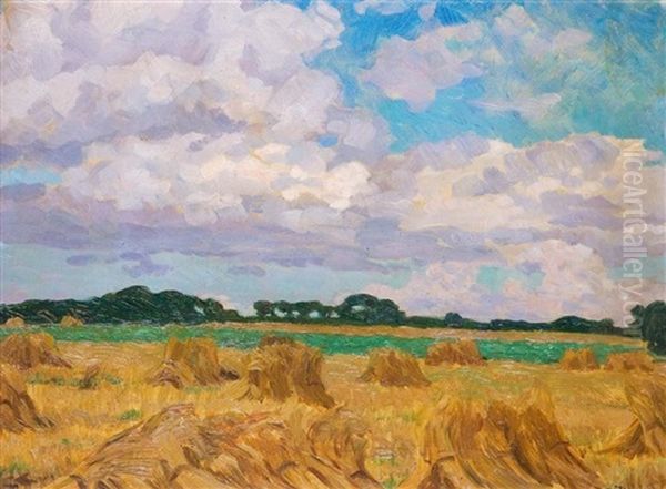 Landschaft Mit Kornhocken Oil Painting by Ernst (Wilhelm Heinrich E. ) Eitner