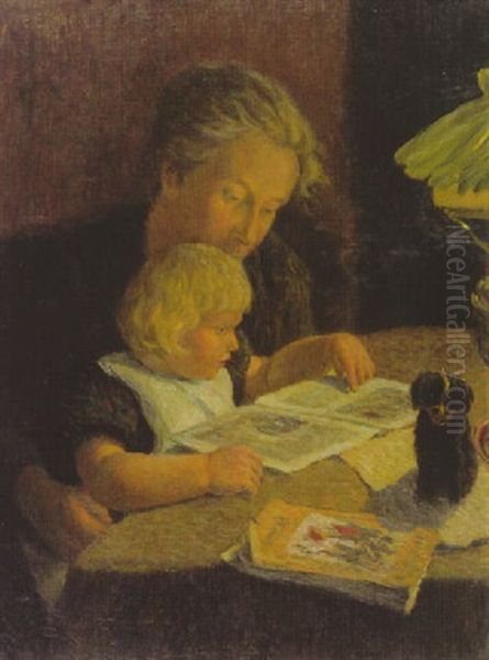 Toni Mit Georg Bei Der Lampe Oil Painting by Ernst (Wilhelm Heinrich E. ) Eitner