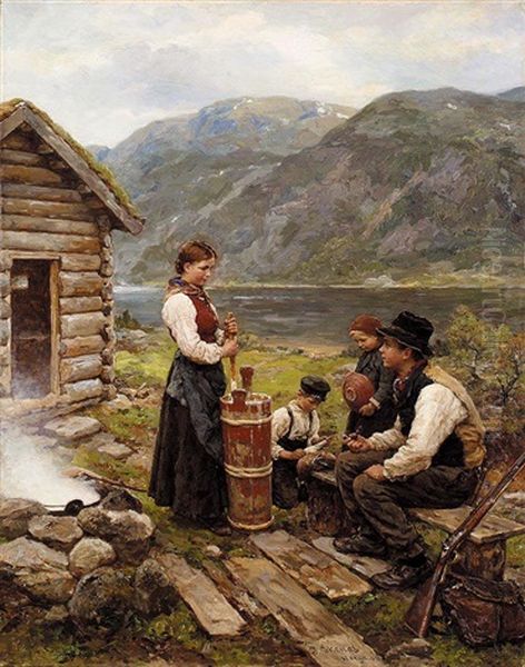 Familie I Norsk Fjordlandskap (family In A Norwegian Fjord Landscape) Oil Painting by Jahn Ekenaes