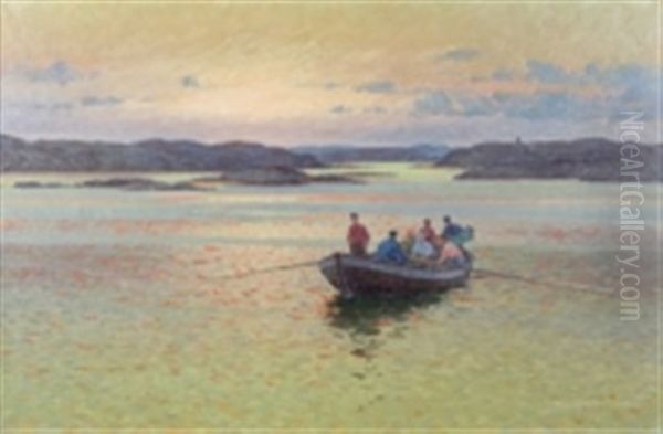 Afton Fran Gullmarsfjorden, Skargardmotiv Fran Bohuslan Oil Painting by Emil Gotthard Ekman