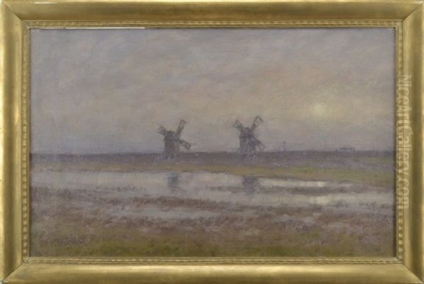 Olandskt Motiv Med Vaderkvarnar Oil Painting by Per Ekstroem