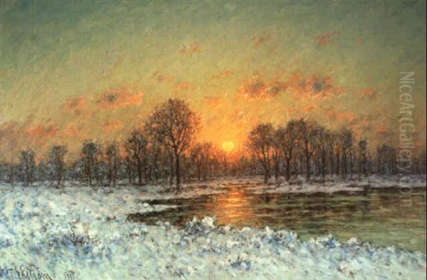 Tversv,mmat Varvinterlandskap I Solnedg+ng Oil Painting by Per Ekstroem