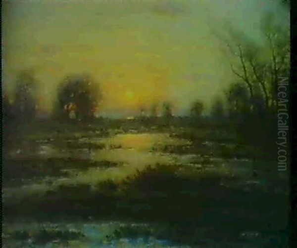 Solnedgang Over Franskt Flodlandskap Oil Painting by Per Ekstroem