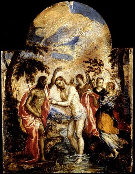 The Baptism Of Christ Oil Painting by El Greco (Domenikos Theotokopoulos)