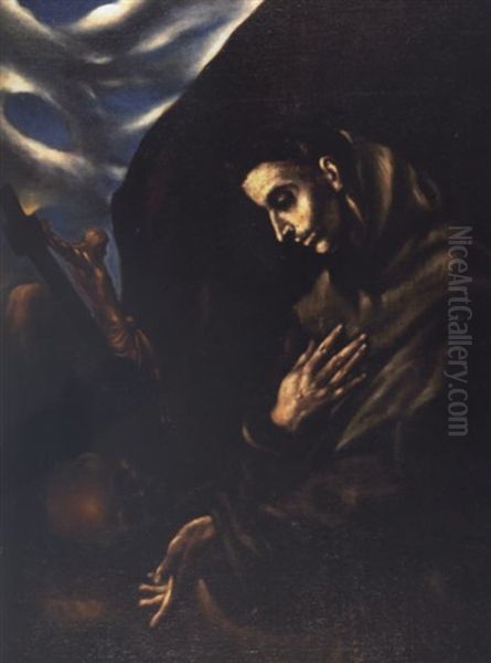 Saint Francis Standing In Meditation Oil Painting by El Greco (Domenikos Theotokopoulos)