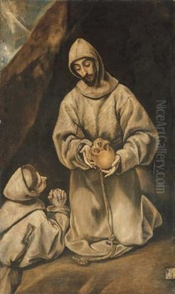 Saint Francis Of Assisi And Brother Leo In Meditation Oil Painting by El Greco (Domenikos Theotokopoulos)