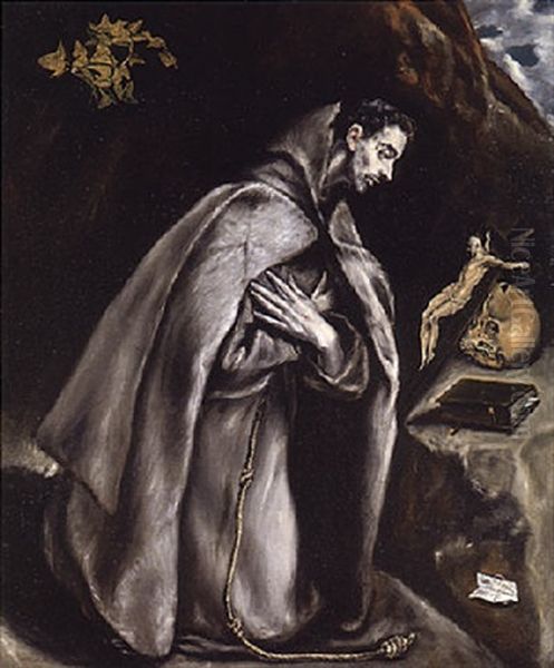 Saint Francis Kneeling In Meditation Oil Painting by El Greco (Domenikos Theotokopoulos)