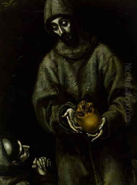 Saint Francis And Brother Leo Meditating On Death Oil Painting by El Greco (Domenikos Theotokopoulos)