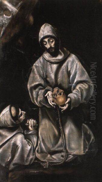 St. Francis Of Assisi And Fra Leone Contemplating Morality Oil Painting by El Greco (Domenikos Theotokopoulos)
