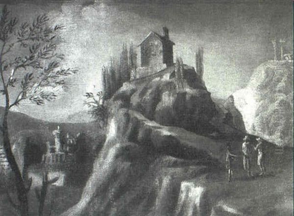 A Mountainous Landscape With A Villa Atop A Hill And Three  Men Ascending A Path Oil Painting by El Greco (Domenikos Theotokopoulos)