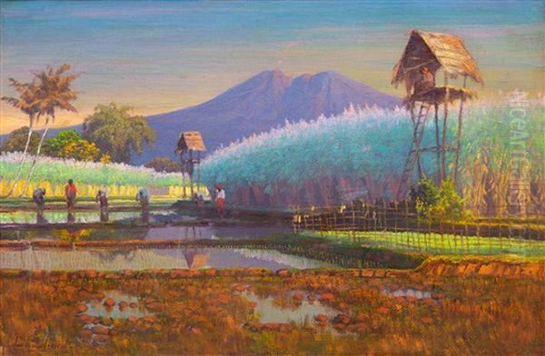Landscape With Ricefields Oil Painting by Leo Eland