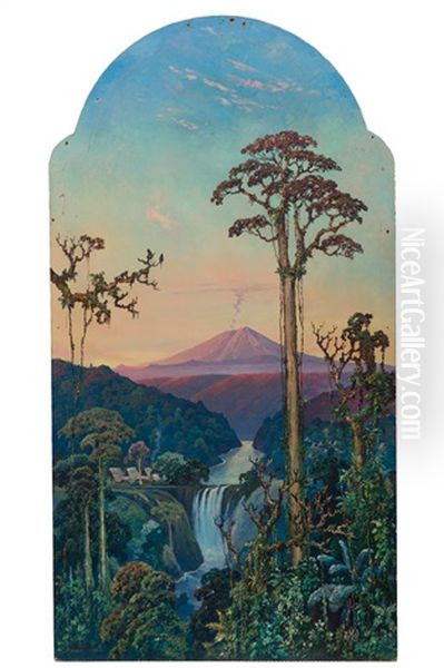 Waterfall And Volcano At Sumatra Oil Painting by Leo Eland