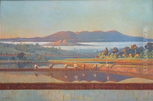 Planting In The Paddy Fields Oil Painting by Leo Eland