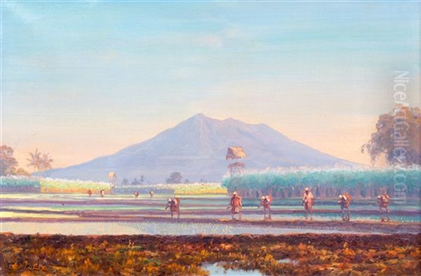 Workers In The Rice Fields At Dawn Oil Painting by Leo Eland