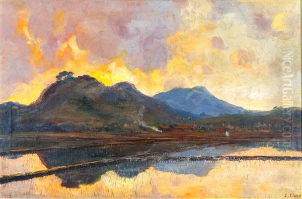 Rijstvelden Bij Zonsondergang Oil Painting by Leo Eland