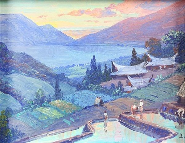 Terraced Fields With Sunset Over A Mountain Lake Oil Painting by Leo Eland