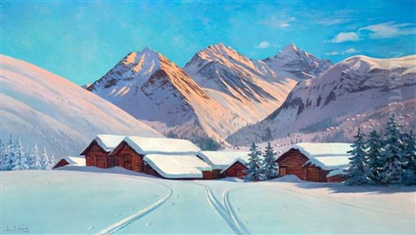 Chalets In Winters Dal Bij De Jungfrau, Zwitserland Oil Painting by Leo Eland