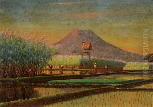 Paddy Field With Mountain In The Distance Oil Painting by Leo Eland
