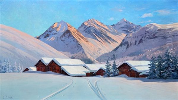 Boerderijen In De Sneeuw Bij De Jungfrau In Zwitserland Oil Painting by Leo Eland
