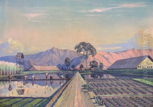 Padi Field Oil Painting by Leo Eland