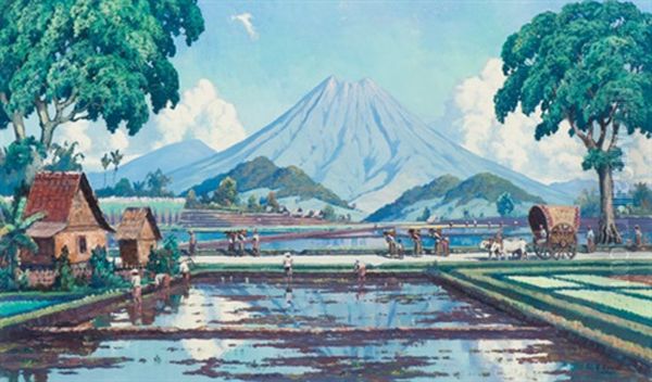 Activity At The Paddy Fields Oil Painting by Leo Eland