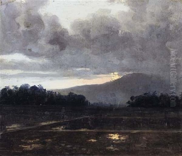 A Nocturnal Scene, Ricefields Oil Painting by Leo Eland