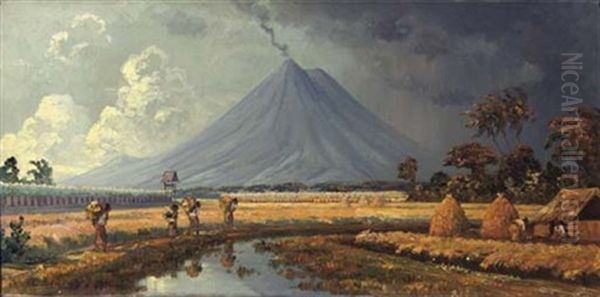 Landscape With Workers By The Vulcano Oil Painting by Leo Eland