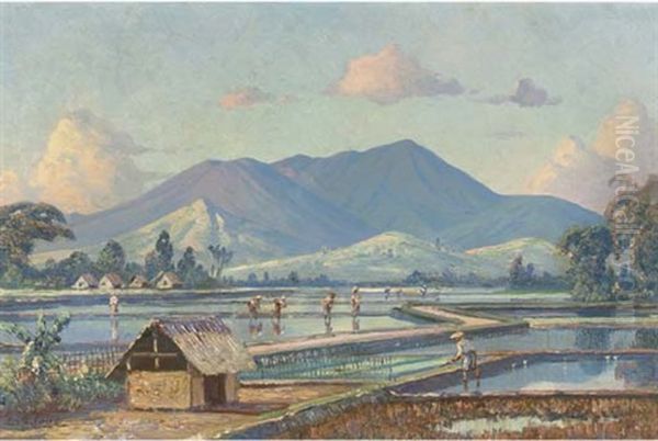 Indonesian Landscape With People Working In The Sawahs Oil Painting by Leo Eland