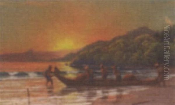Fishermen At Sunset Oil Painting by Leo Eland