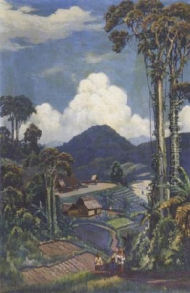 Indonesian Landscape With Figures, Ox-carts In The Distance Oil Painting by Leo Eland
