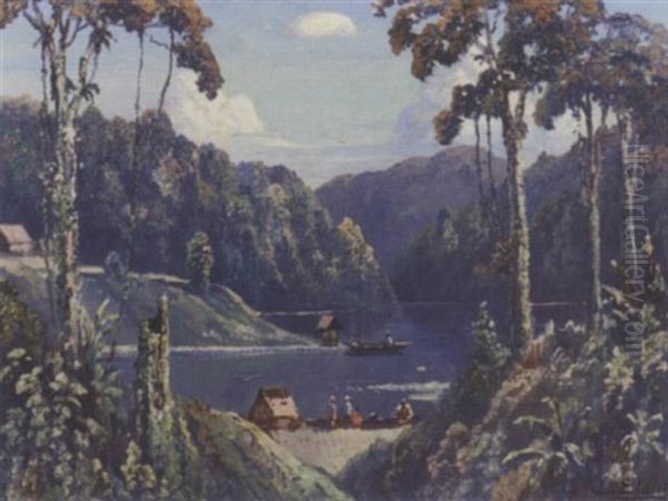 View On A Lake Oil Painting by Leo Eland