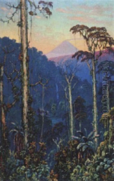 Indonesian Huts Below A Waterfall And Distant Volcano Oil Painting by Leo Eland