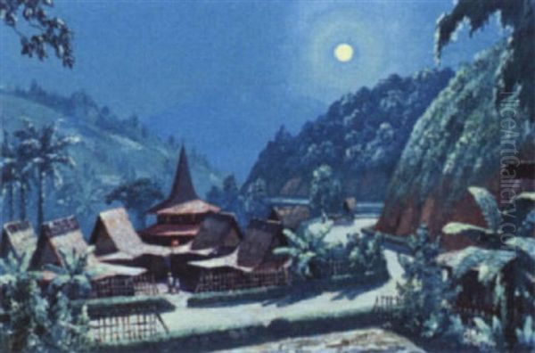 Moonlit Indonesian Village Oil Painting by Leo Eland