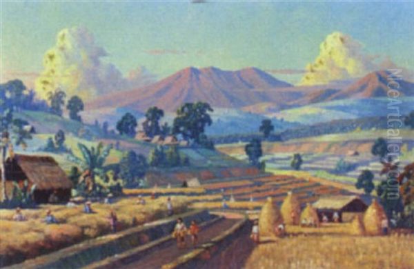 Indonesian Rice Harvesters Oil Painting by Leo Eland