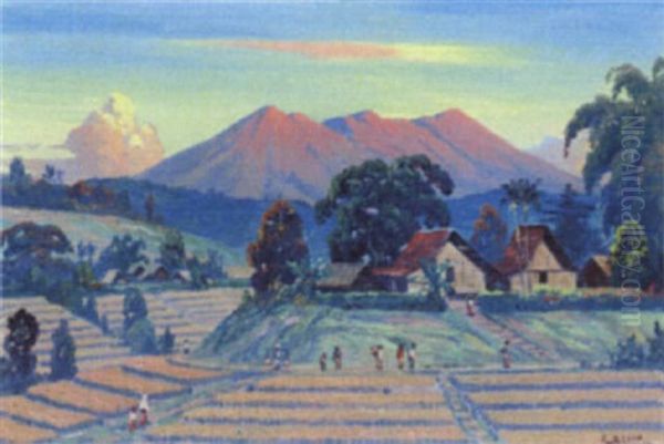 Village Scene With Rice Fields Oil Painting by Leo Eland
