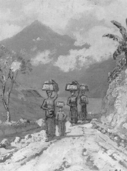 Women With Baskets On A Path Oil Painting by Leo Eland