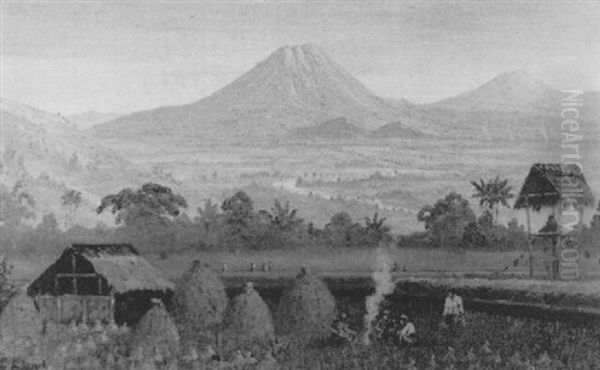 An Indonesian Landscape With Figures By A Fire Oil Painting by Leo Eland