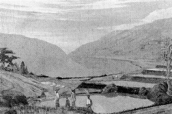 Figures In A Landscape, A Lake In The Background Oil Painting by Leo Eland