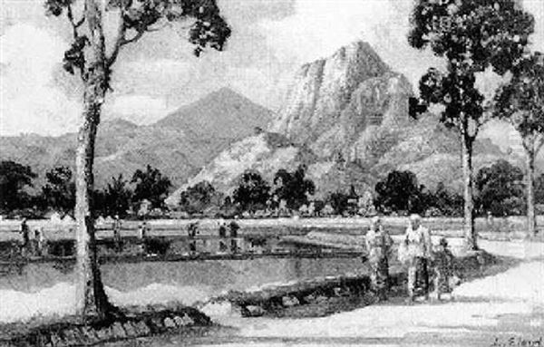 Figures On A Road Near Sawahs Oil Painting by Leo Eland