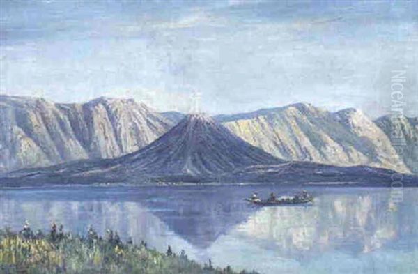 View Of Lake Toba, A Volcano In The Distance Oil Painting by Leo Eland