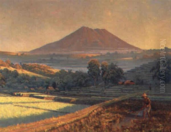 Peasant Working In A Sawah, Volcano In The Distance Oil Painting by Leo Eland