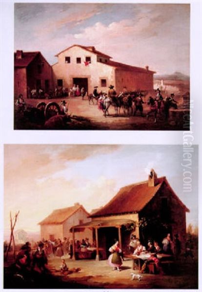 Figures Merrymaking Outside A Tavern Oil Painting by Jose Elbo
