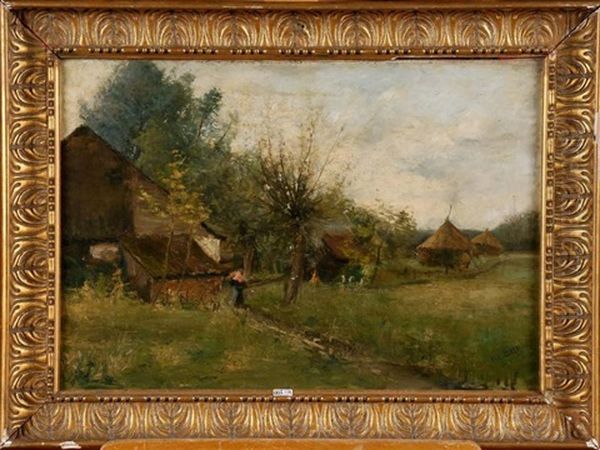 Paysage Anime Aux Meules De Foin Oil Painting by Edouard Elle