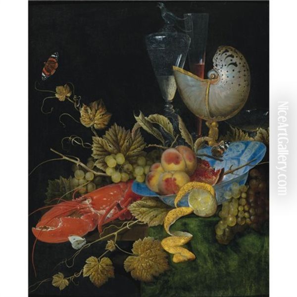 Still Life With Lobster, Fruit And A Nautilus Shell Oil Painting by Ottmar Elliger the Elder