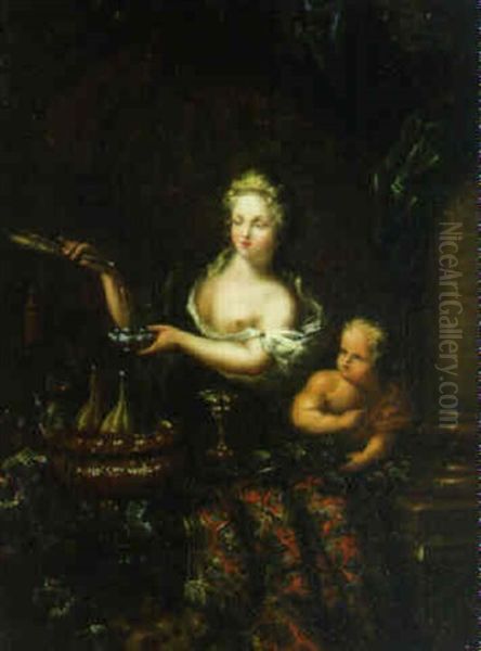 A Young Woman Pouring Wine With A Child At A Draped Casement Oil Painting by Ottmar Elliger the Younger
