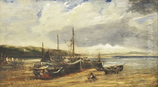 Fishermen And Boats Oil Painting by Edwin Ellis