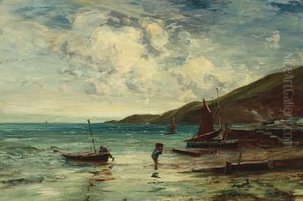 Fishermen On The Beach Oil Painting by Edwin Ellis