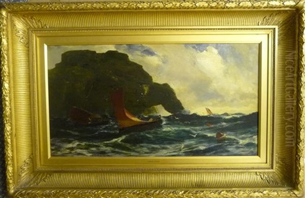 Figures In Fishing Boats Off A Rocky Coastline Oil Painting by Edwin Ellis